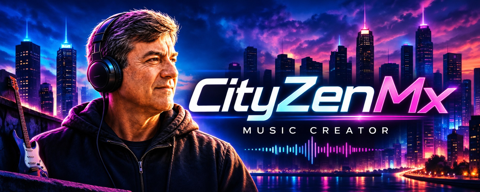 CityZenMx Music Creator frente a una ciudad iluminada, con audífonos y una guitarra